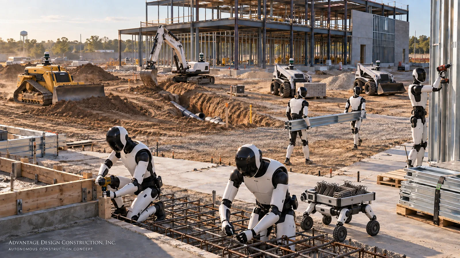 Concept image of humanoid robots and autonomous machines building a steel-frame commercial building.